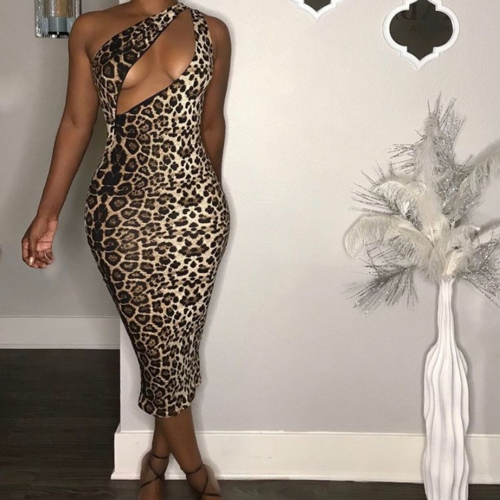 One Shoulder leopard bodycon midi dress